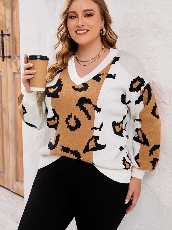 Plus Size Printed V-Neck Long Sleeve Sweater 4