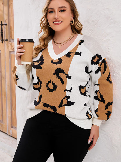 Plus Size Printed V-Neck Long Sleeve Sweater 4