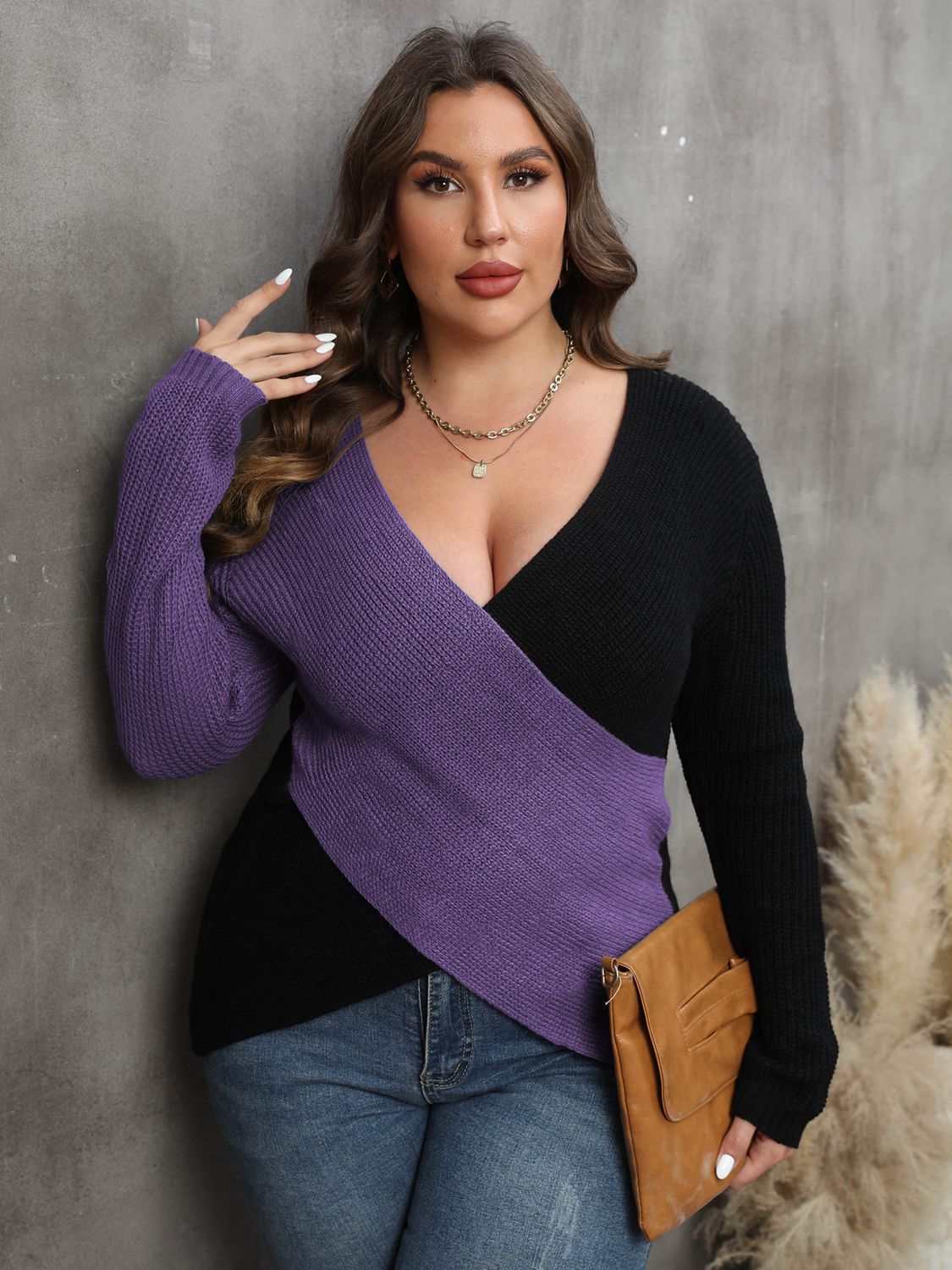 Plus Size Two-Tone Surplice Neck Sweater 1
