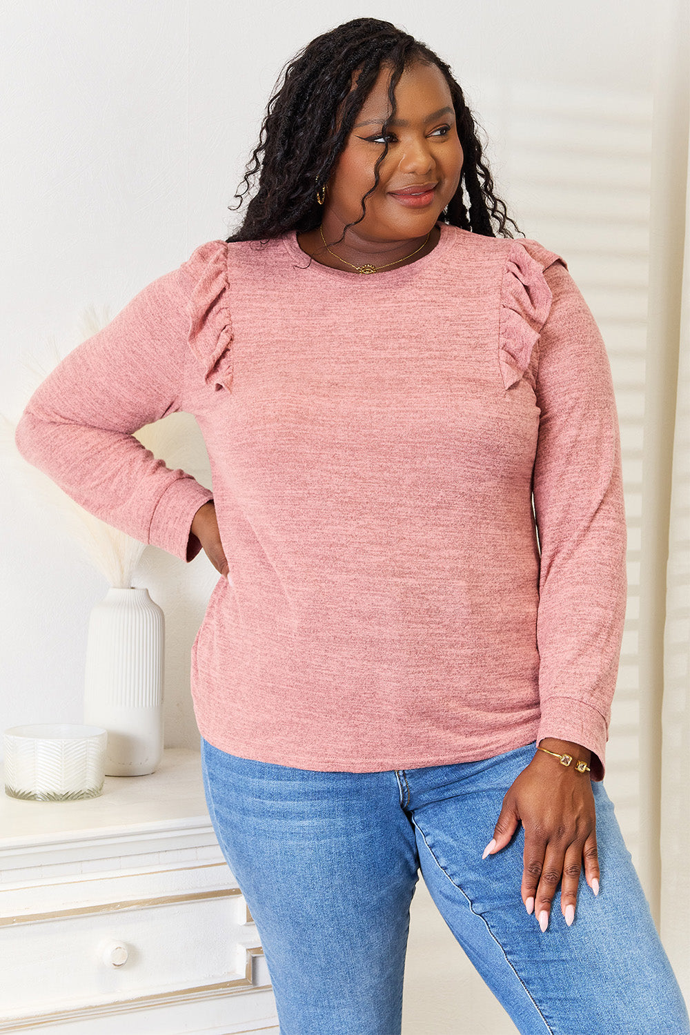 Double Take Ruffle Shoulder Long Sleeve T-Shirt