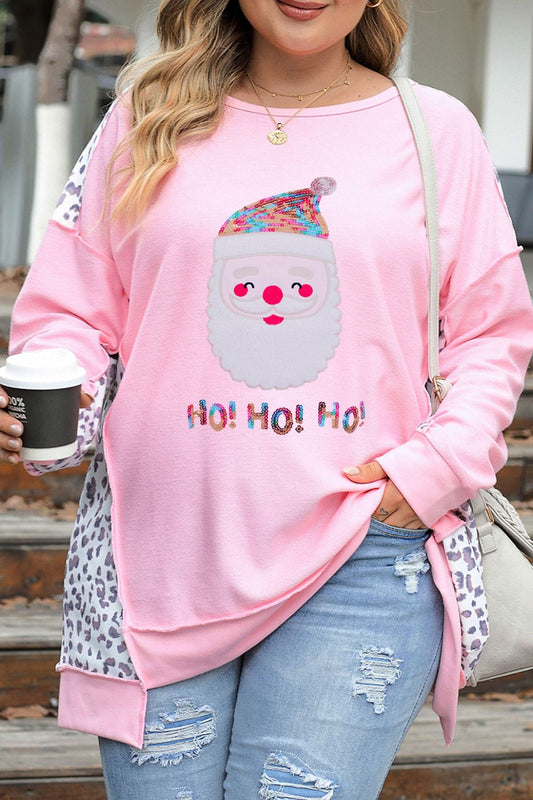 Plus Size Sequin Santa Leopard Exposed Seam Sweatshirt