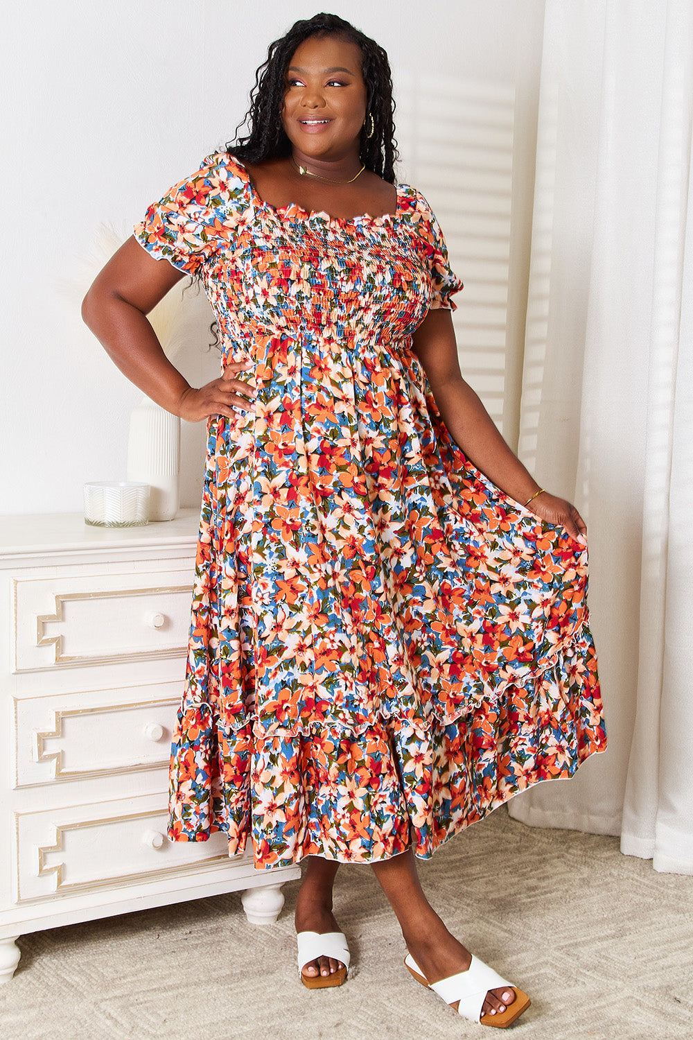 Plus Size Floral Smocked Square Neck Dress