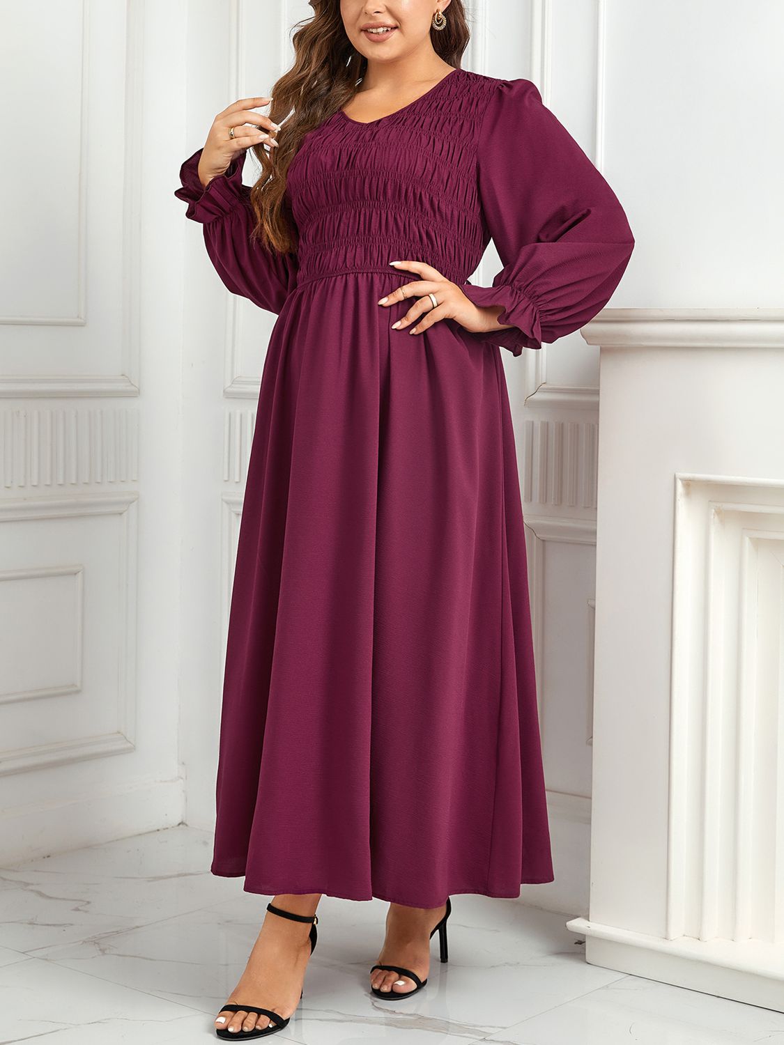 Plus Size Flounce Sleeve Smocked Maxi Dress