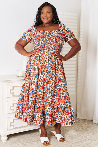 Plus Size Floral Smocked Square Neck Dress