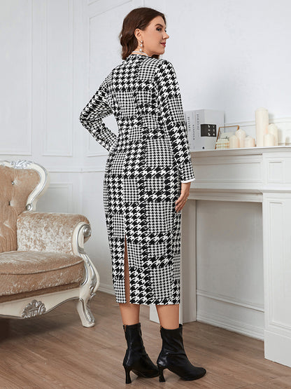 Plus Size Houndstooth Button-Down Long Sleeve Dress