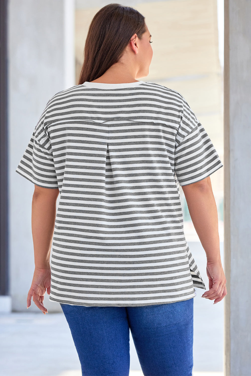 Plus Size Striped Notched Neck Short Sleeve Tee