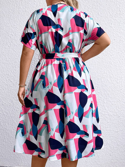 Plus Size Multicolored V-Neck Tie Waist Dress