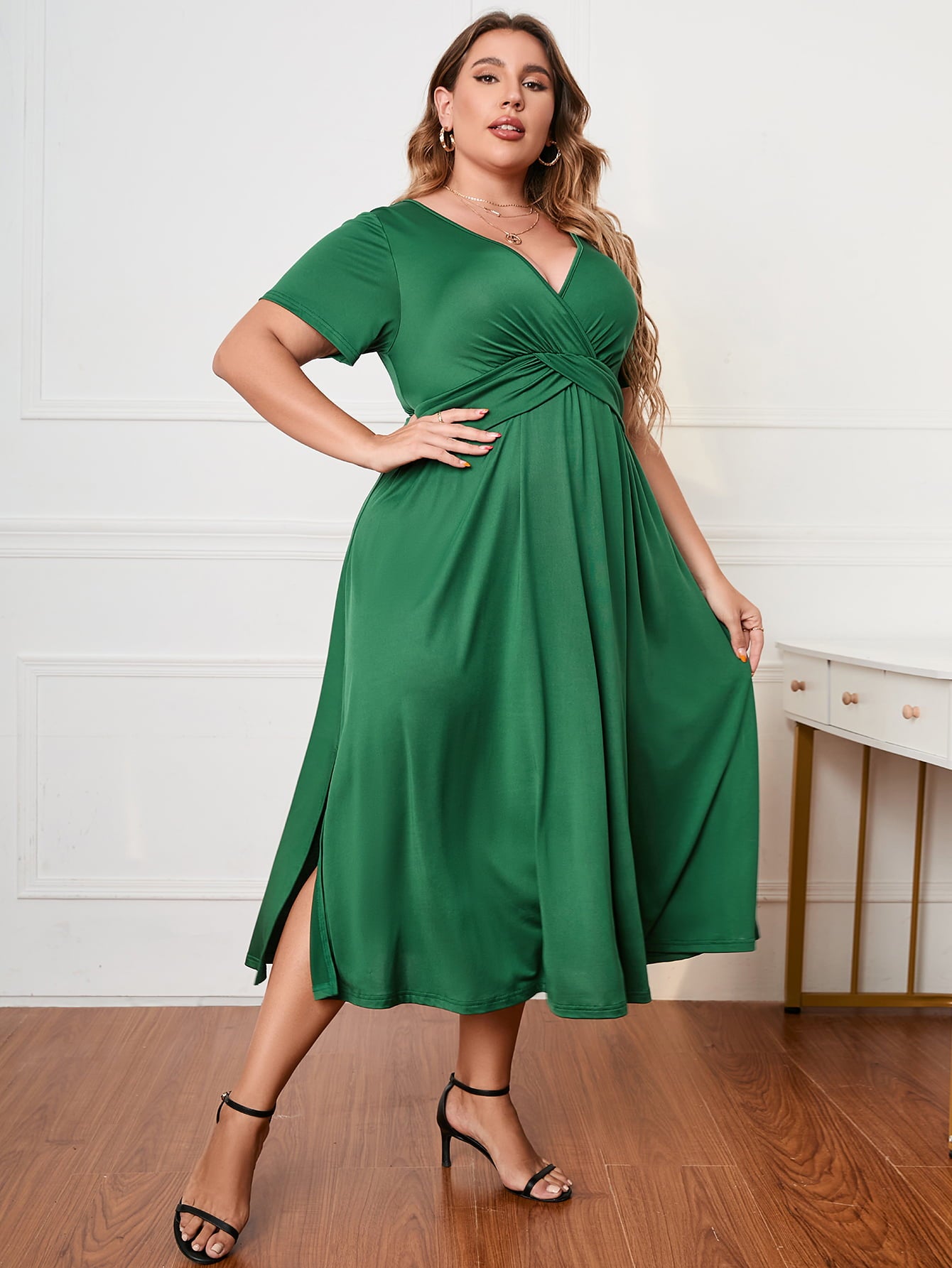 Plus Size Short Sleeve Surplice Neck Midi Dress