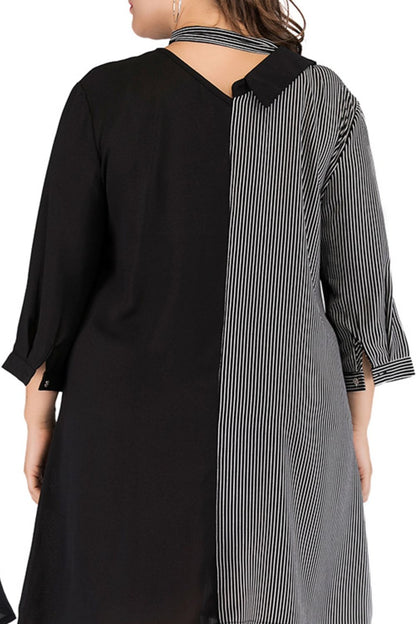 Plus Size Striped Color Block Tie-Neck Dress