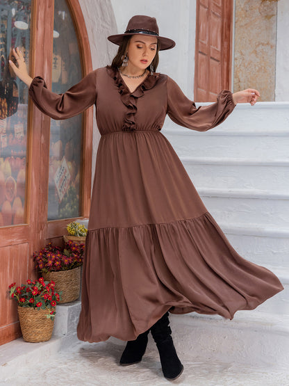 Plus Size V-Neck Ruffle Trim Maxi Dress