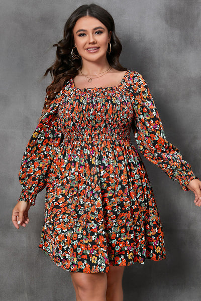 Plus Size Floral Square Neck Smocked Mini Dress