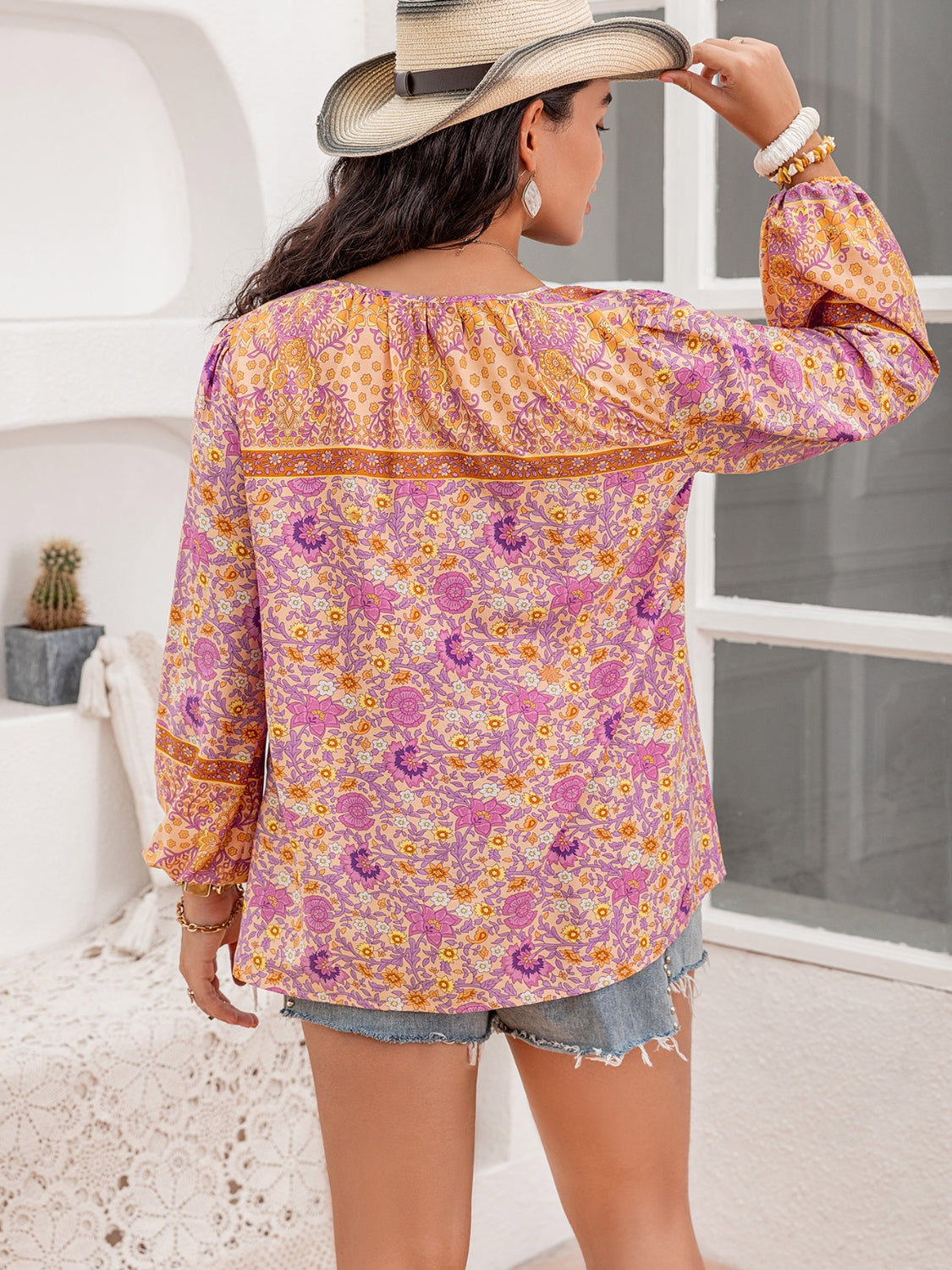 Plus Size Tie Neck Tassel Printed Blouse